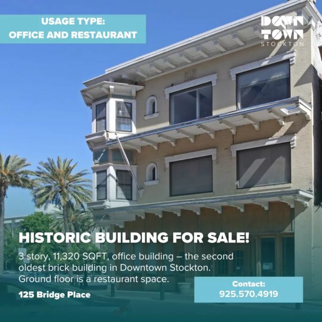 🚨 Property Alert 🚨
3 story, 11,320 SQFT, office building – the second oldest brick building in Downtown Stockton. Ground floor is a restaurant space.
—
For more information, please contact:
📍 125 Bridge Place
👤 Robert Enea
☎️ 925.570.4919

#stocktonca #downtownstockton #officespace #propertymondays