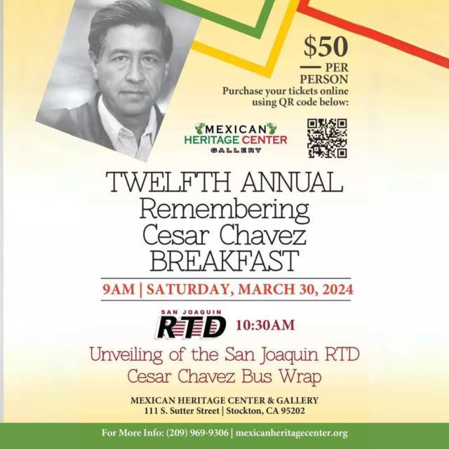 REMINDER: This Saturday, March 30th, at 9AM the Cesar Chavez Breakfast and bus wrap unveiling will take place at the Mexican Heritage Center.

#downtownstockton #stocktonca #mexicanheritage #cesarchavezbreakfast